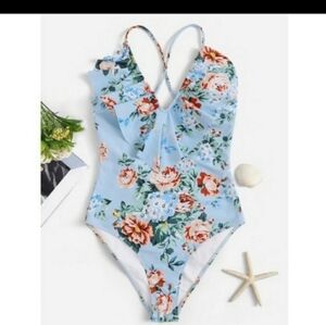 *Blue Floral One piece Bathsuit